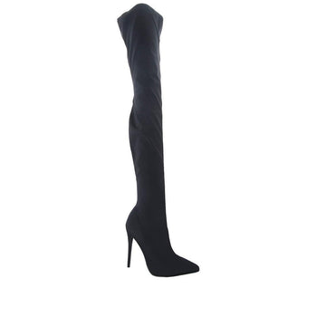 Women's thigh high boot heels in black with pointed toe