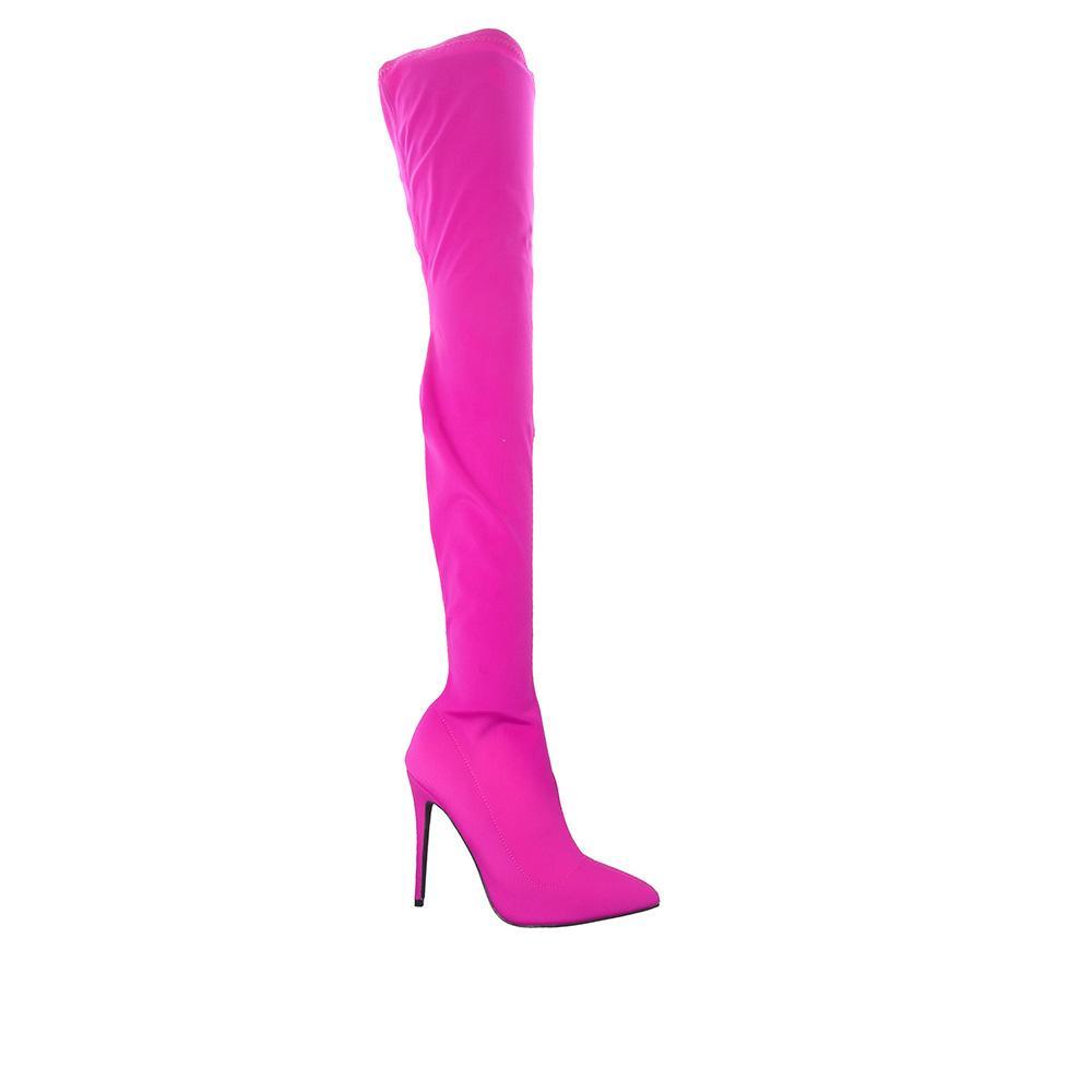 women's fuchsia-colored thigh high boot heels with pointed toe