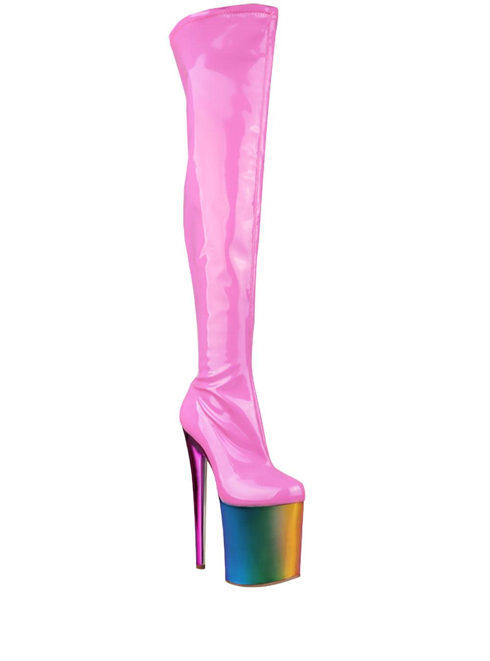 Women's fuchsia thigh high boot with multi-colored platform heels and side zipper closure-corner view