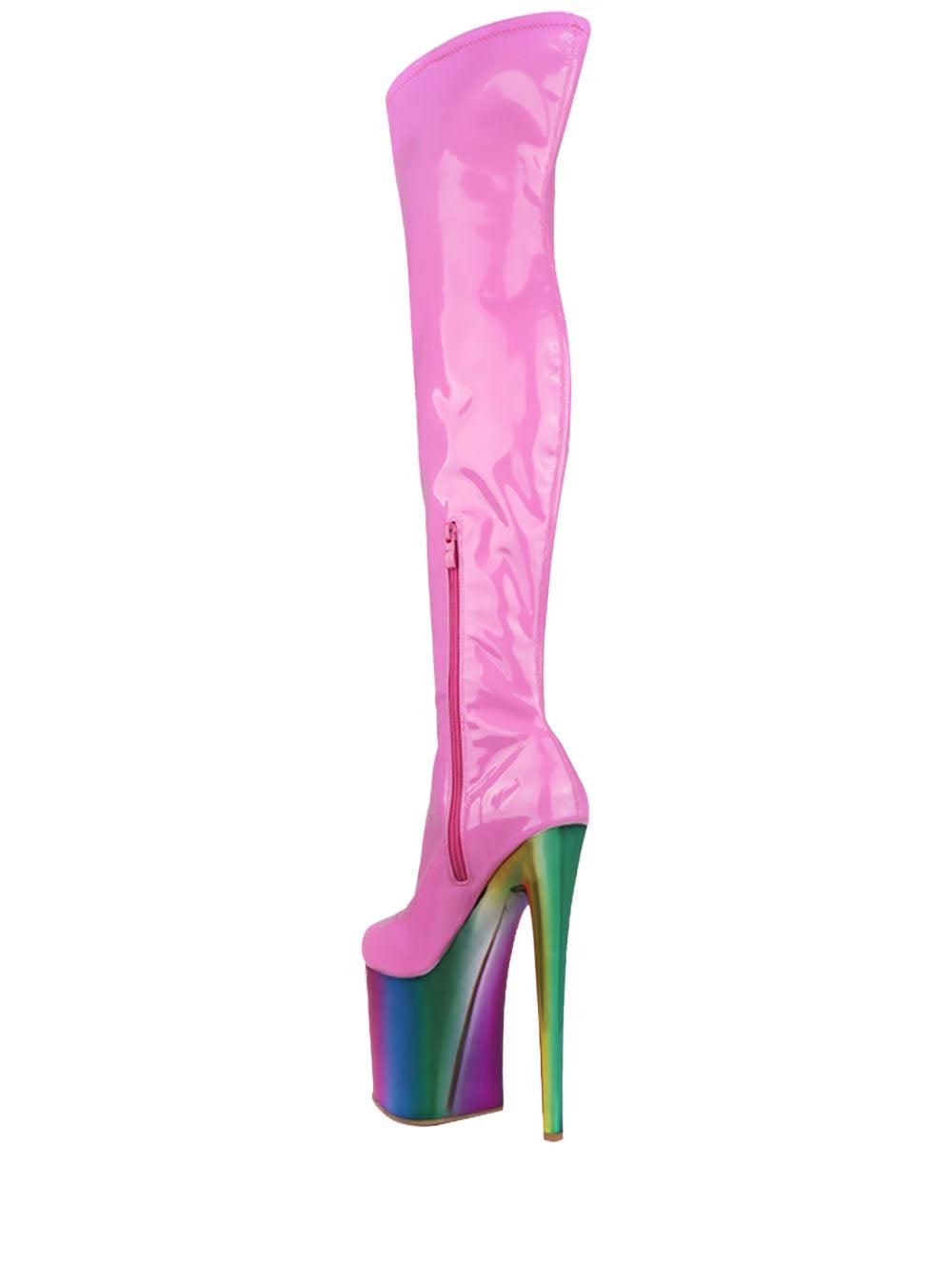 Women's fuchsia thigh high boot with multi-colored platform heels and side zipper closure-posterior view