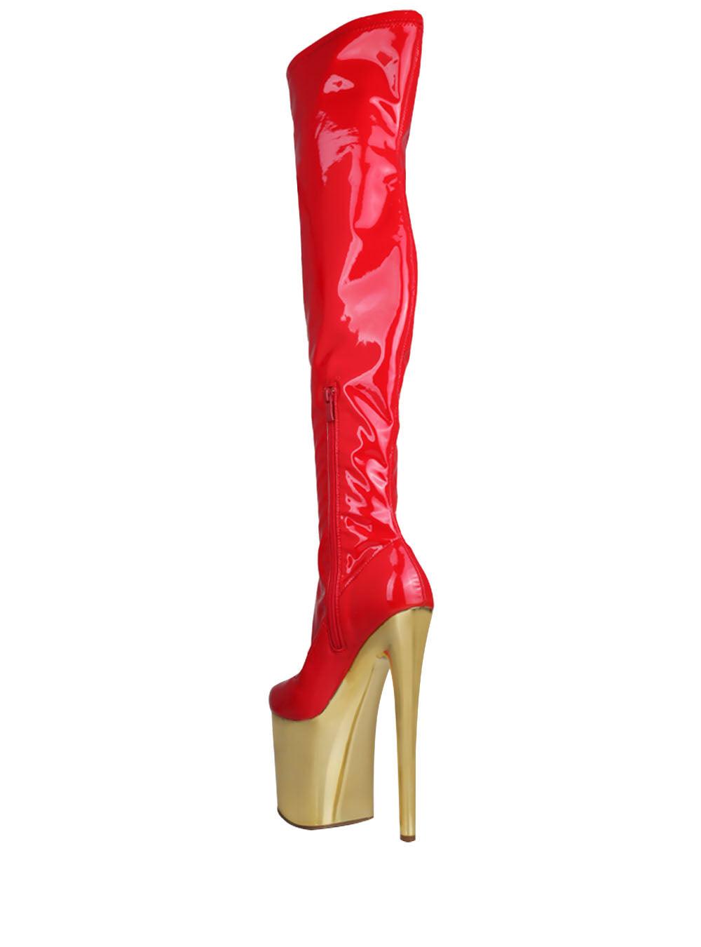 Women's red-colored thigh high boot with golden platform heels and side zipper closure-posterior view