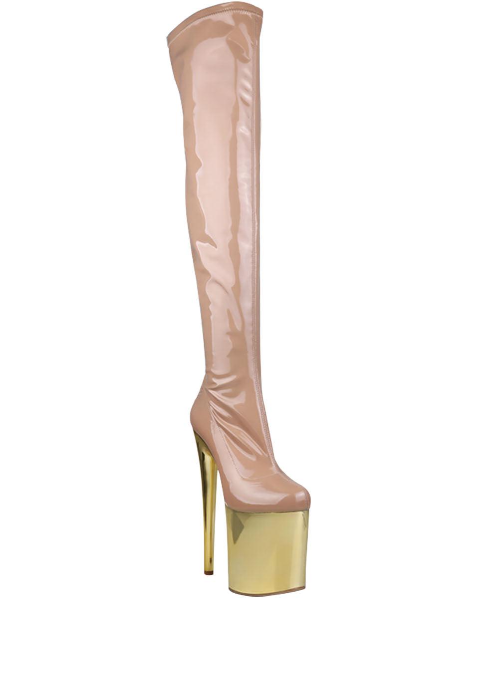 Nude-colored thigh high boot for women with golden platform heels and side zipper fastening-corner view