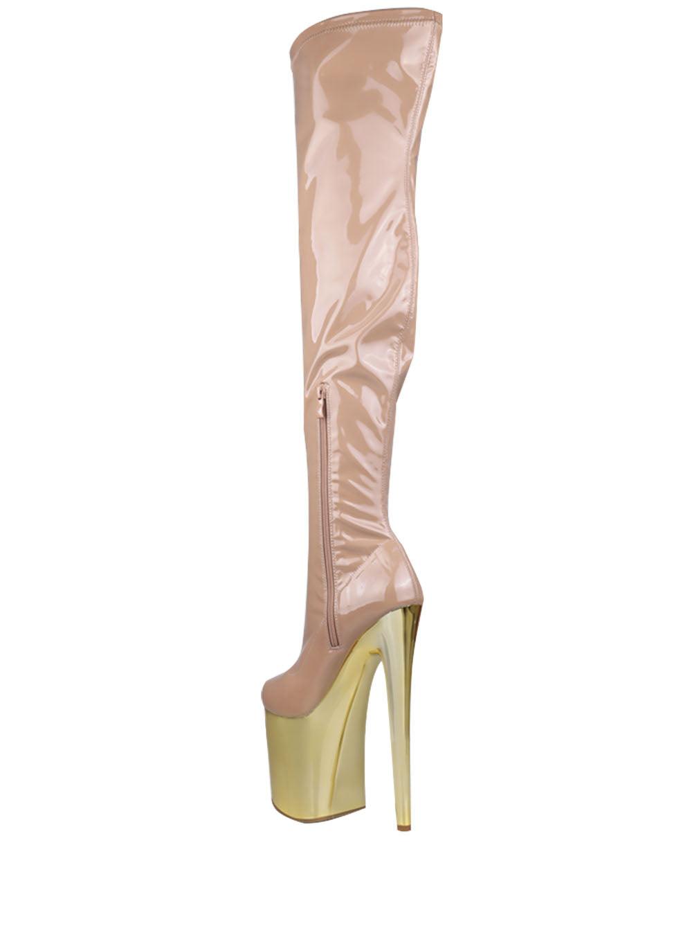 Nude-colored thigh high boot for women with golden platform heels and side zipper fastening-posterior view