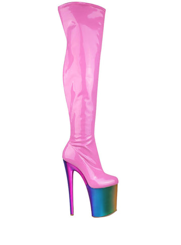 Women's fuchsia thigh high boot with multi-colored platform heels and side zipper closure-side view