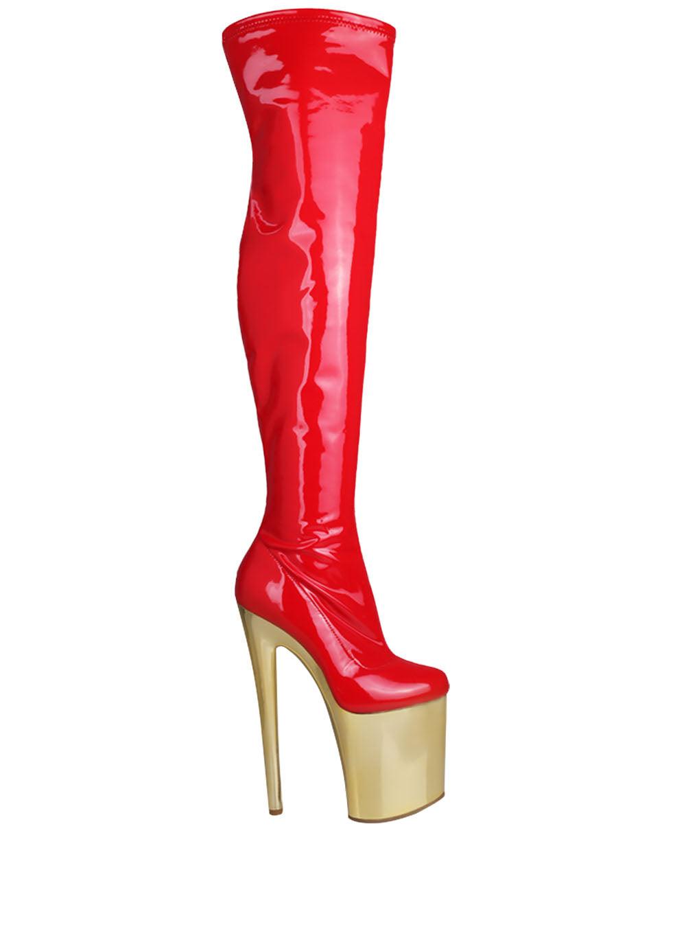 Women's red-colored thigh high boot with golden platform heels and side zipper closure-side view