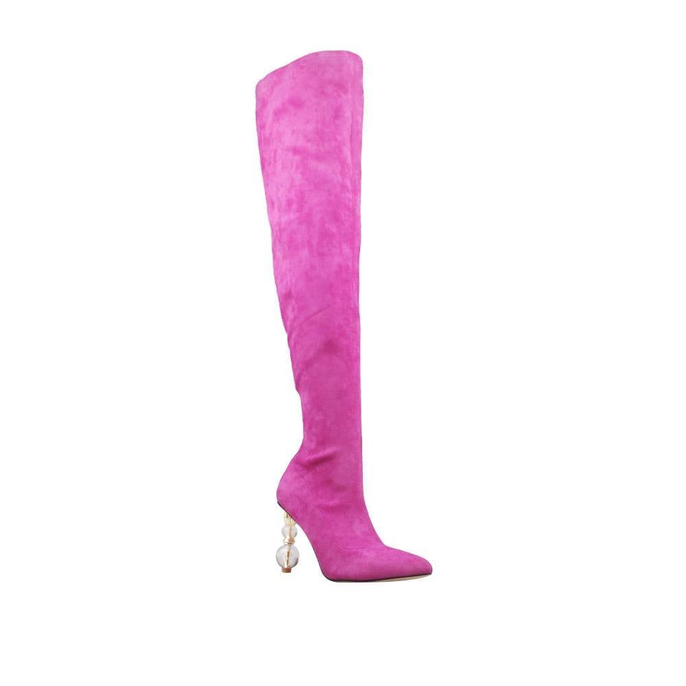 Ladies' thigh high boots in fuchsia-color with crystal pillar heels and a side zipper closure-corner view