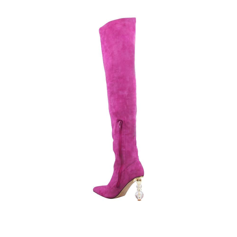 Ladies' thigh high boots in fuchsia-color with crystal pillar heels and a side zipper closure-posterior view