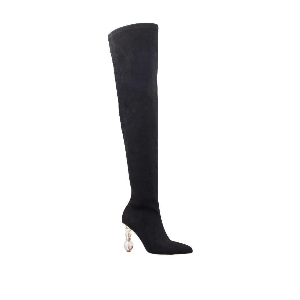 women's black-colored thigh high boots with crystal pillar heels and side zipper closure-corner view