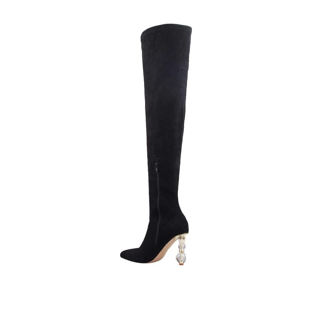 women's black-colored thigh high boots with crystal pillar heels and side zipper closure-posterior view