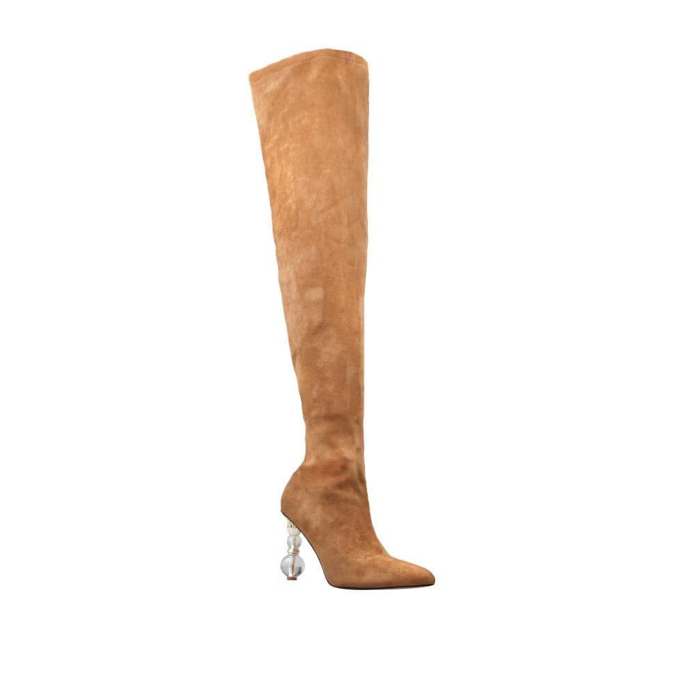 Tan-colored thigh high boots for ladies with crystal pillar heels and side zipper fastening-corner view