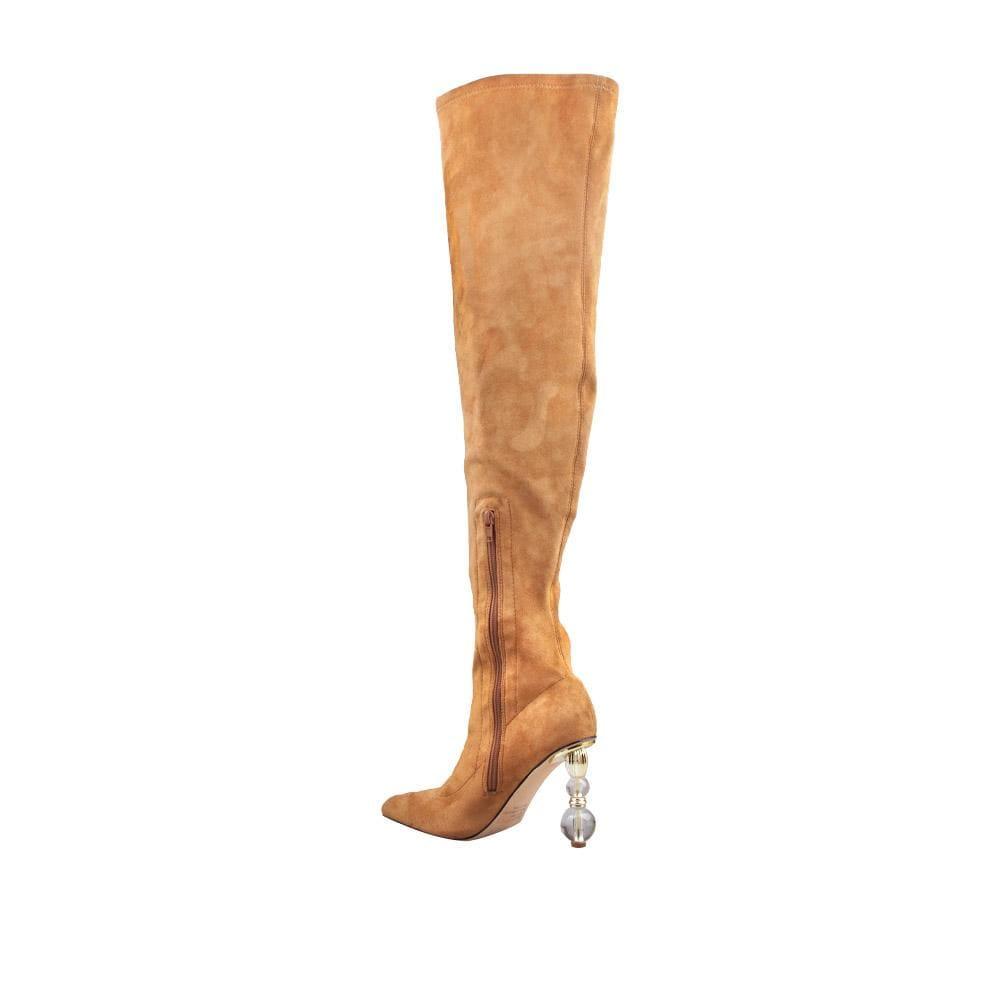 Tan-colored thigh high boots for ladies with crystal pillar heels and side zipper fastening-posterior view