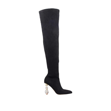 women's black-colored thigh high boots with crystal pillar heels and side zipper closure-side view