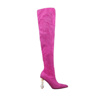 Ladies' thigh high boots in fuchsia-color with crystal pillar heels and a side zipper closure-side view