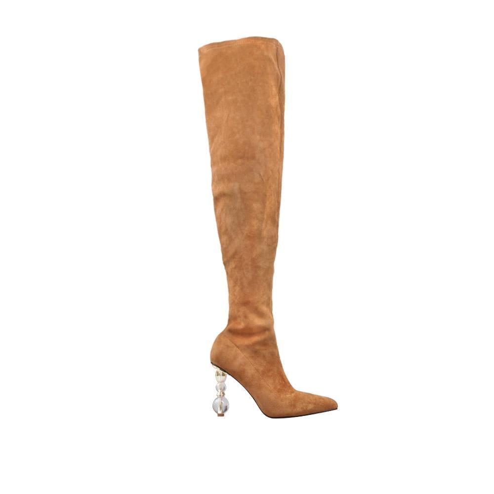 Tan-colored thigh high boots for ladies with crystal pillar heels and side zipper fastening-side view