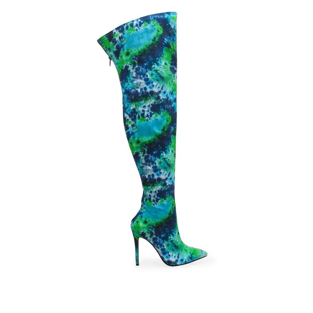 Women's nay-green multicolored thigh high boots with pointy toes and a back zipper closure