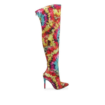 Yellow-red colored women's thigh high boots with pointed toes and back zipper closure