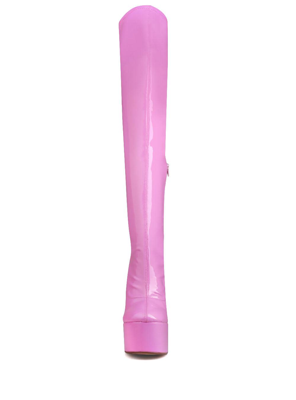 Pink colored women long boots-front view