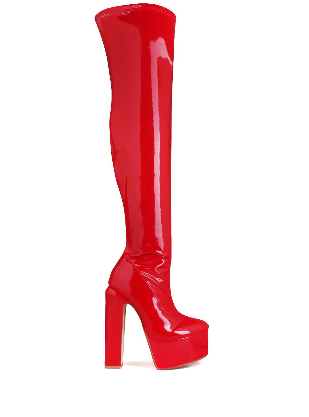 Red colored women long boots-side view