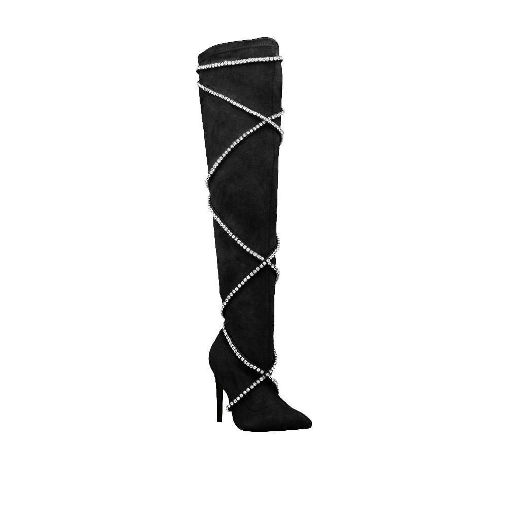 Black women's boots with rhinestone straps-corner view