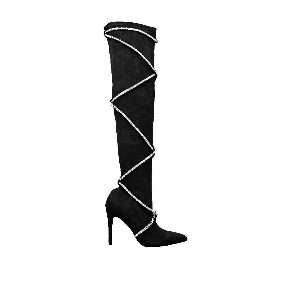 Black women's boots with rhinestone straps-side view