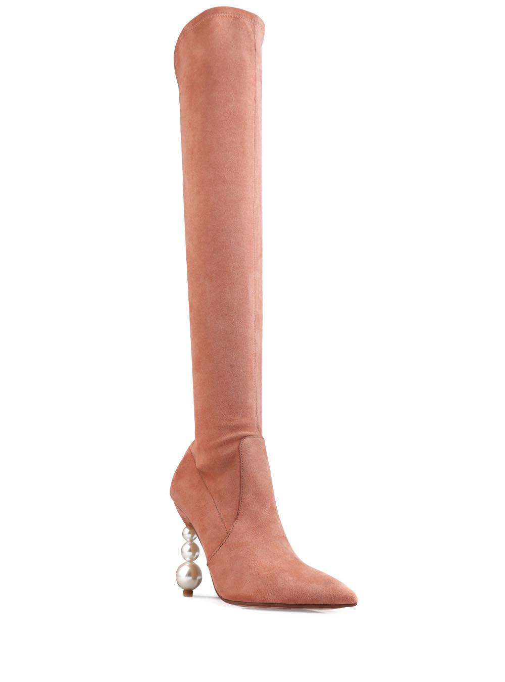 Nude colored women's long boots with pearl heel-corner view