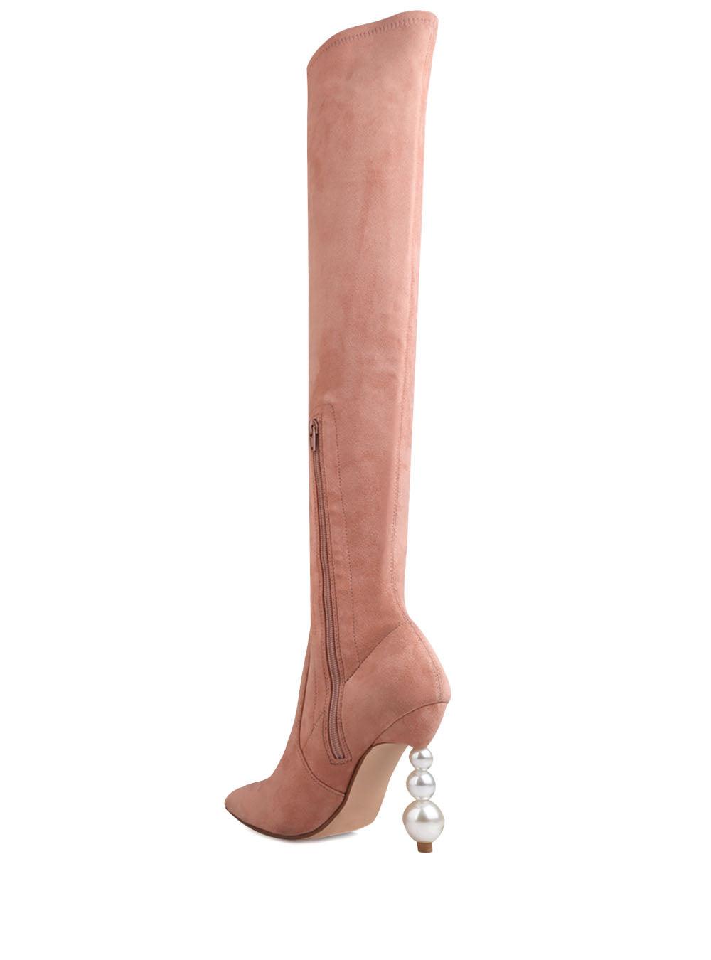 Nude colored women's long boots with pearl heel-posterior view