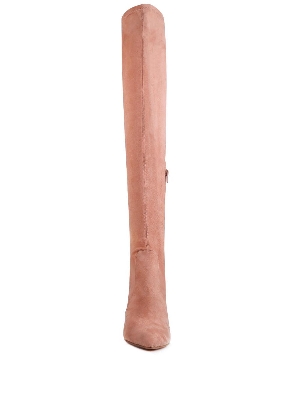 Nude colored women's long boots with pearl heel-front view