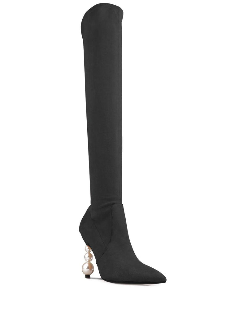 Black women's long boots with pearl heel-corner view
