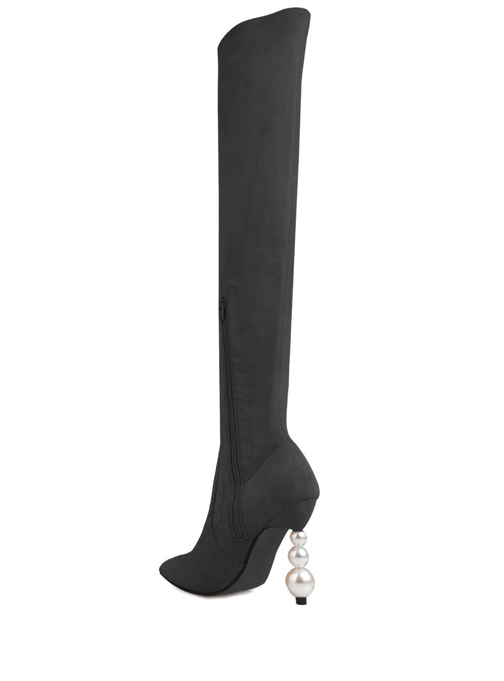 Black women's long boots with pearl heel-posterior view