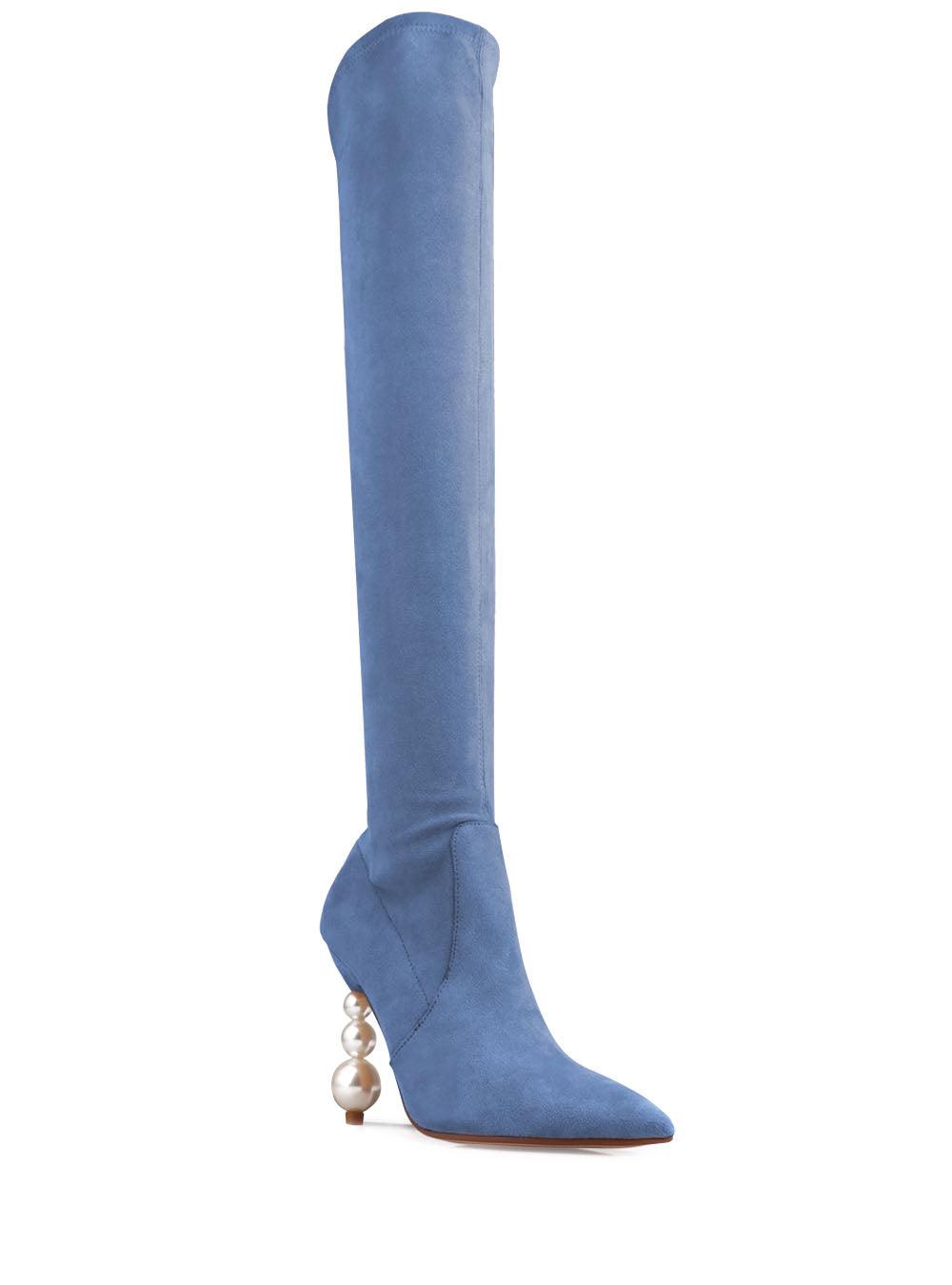 Denim colored women's long boots with pearl heel-corner view