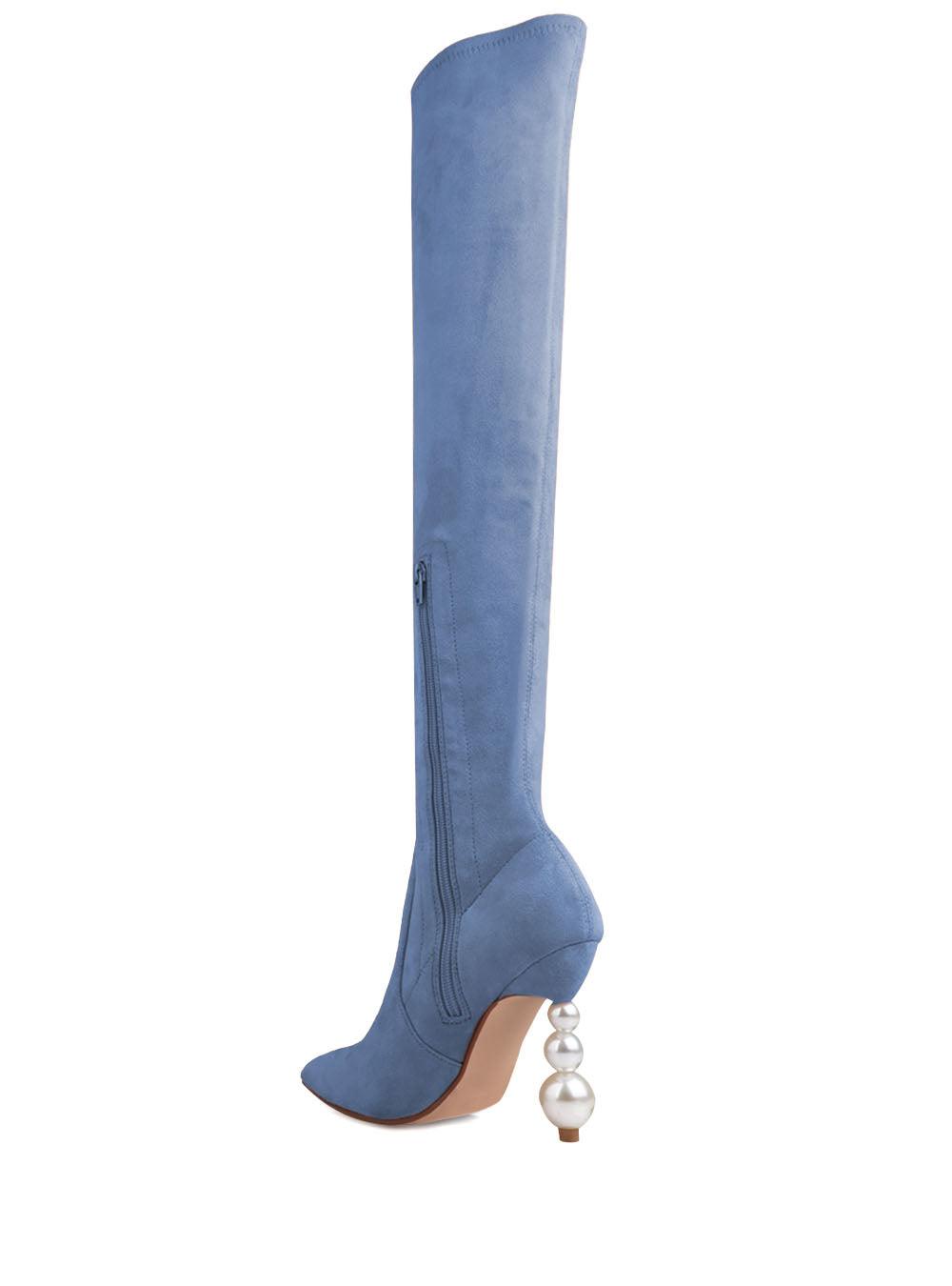 Denim colored women's long boots with pearl heel-posterior view