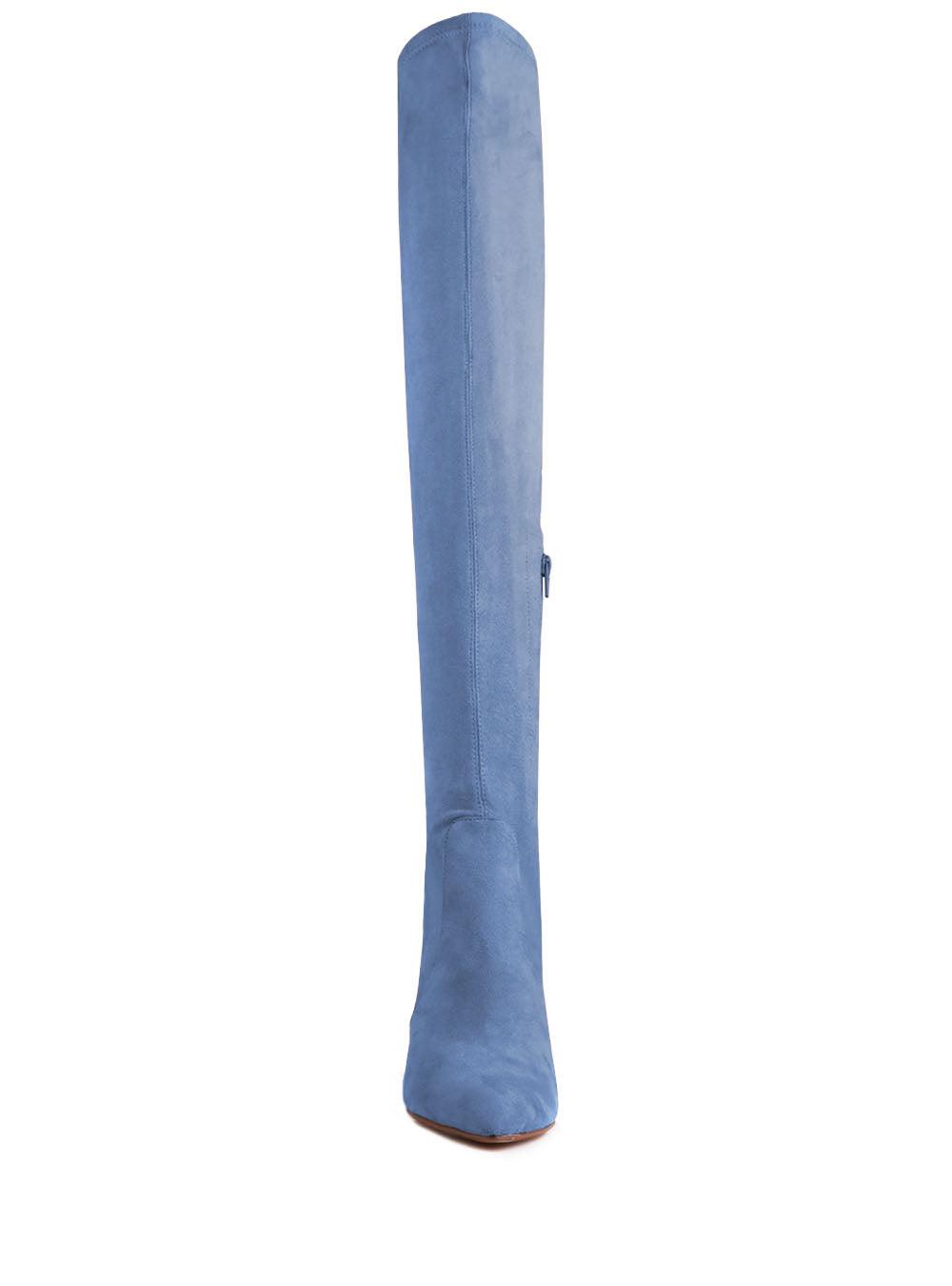 Denim colored women's long boots with pearl heel-front view