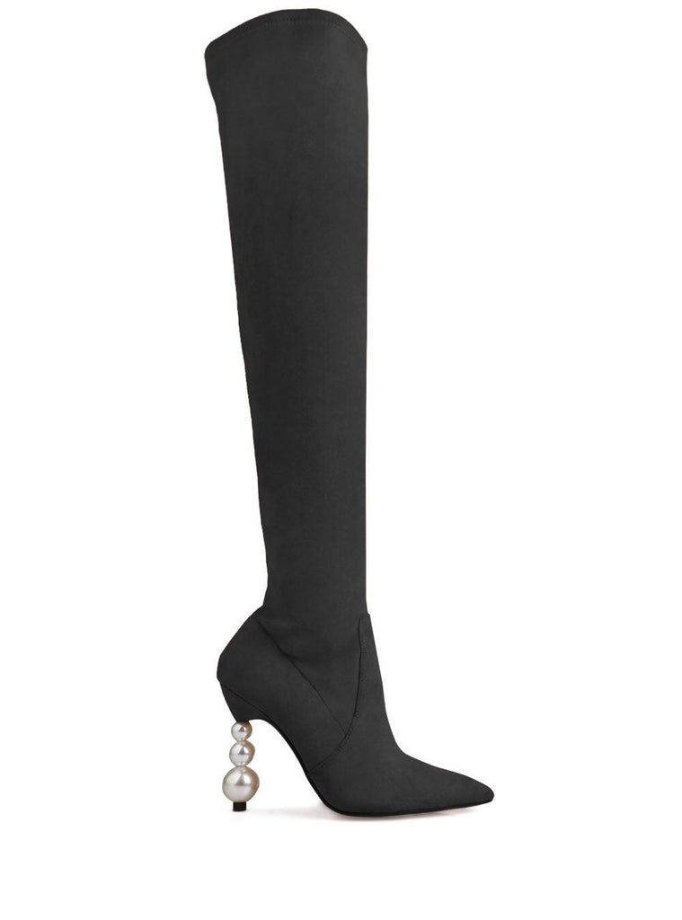 Black women's long boots with pearl heel-side view