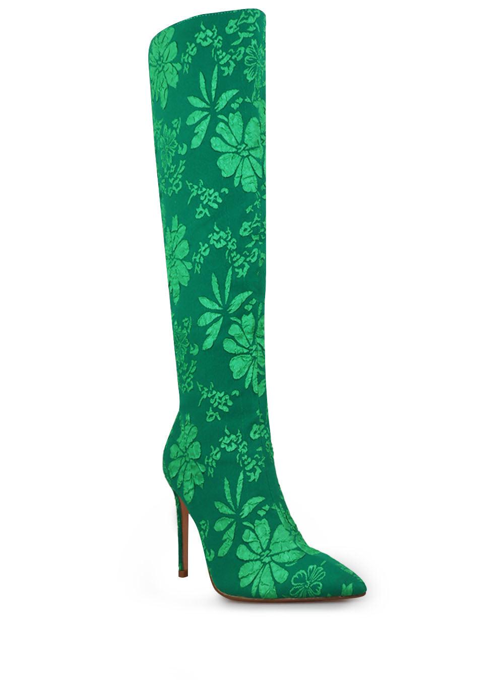 Green self printed women boots with stilleto heel-corner view