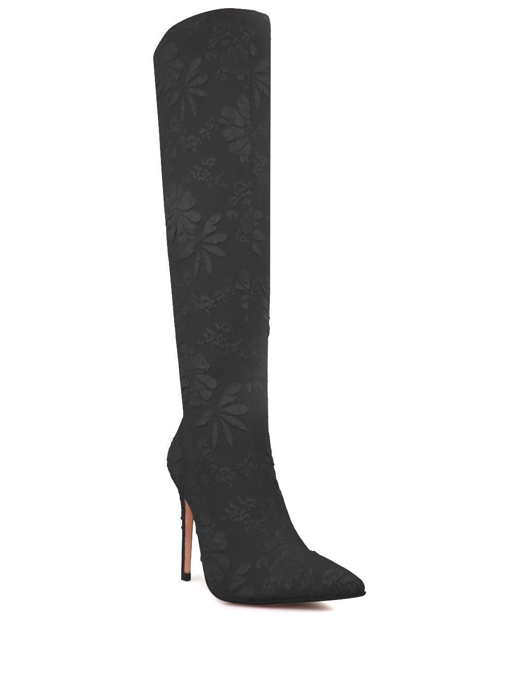 Black self printed women boots with stilleto heel-corner view