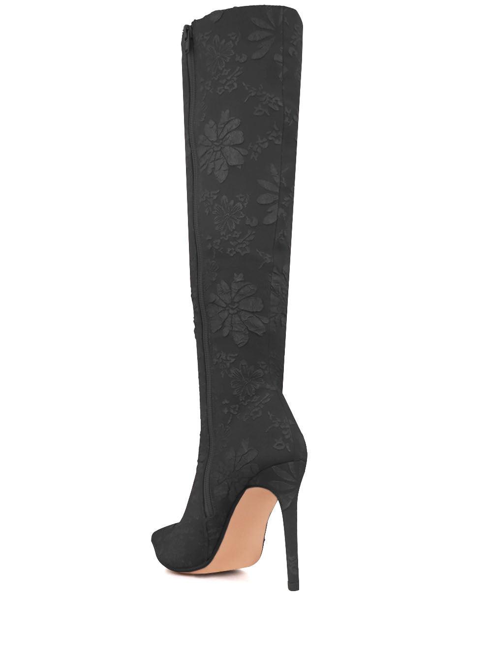 Black self printed women boots with stilleto heel-posterior view