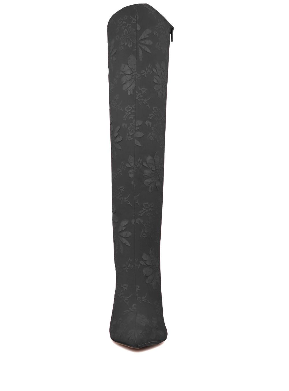 Black self printed women boots with stilleto heel-front view