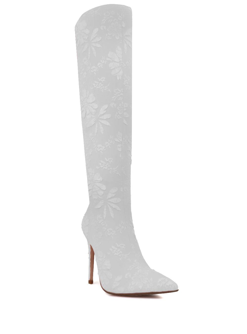 White self printed women boots with stilleto heel-corner view