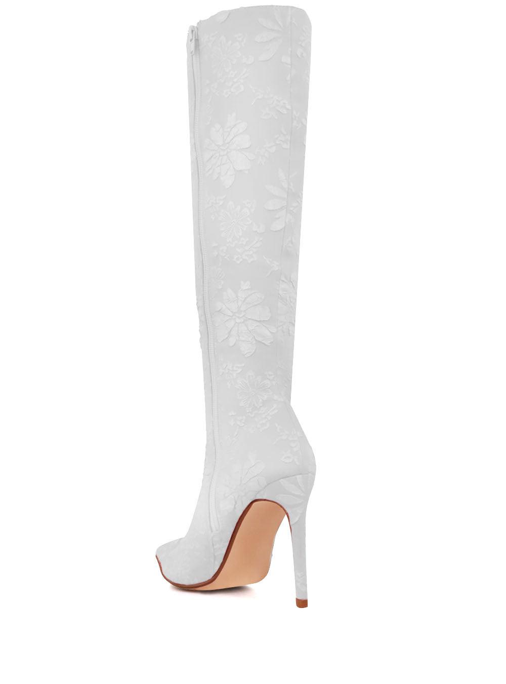 White self printed women boots with stilleto heel-posterior view