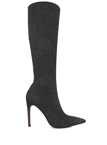Black self printed women boots with stilleto heel-side view