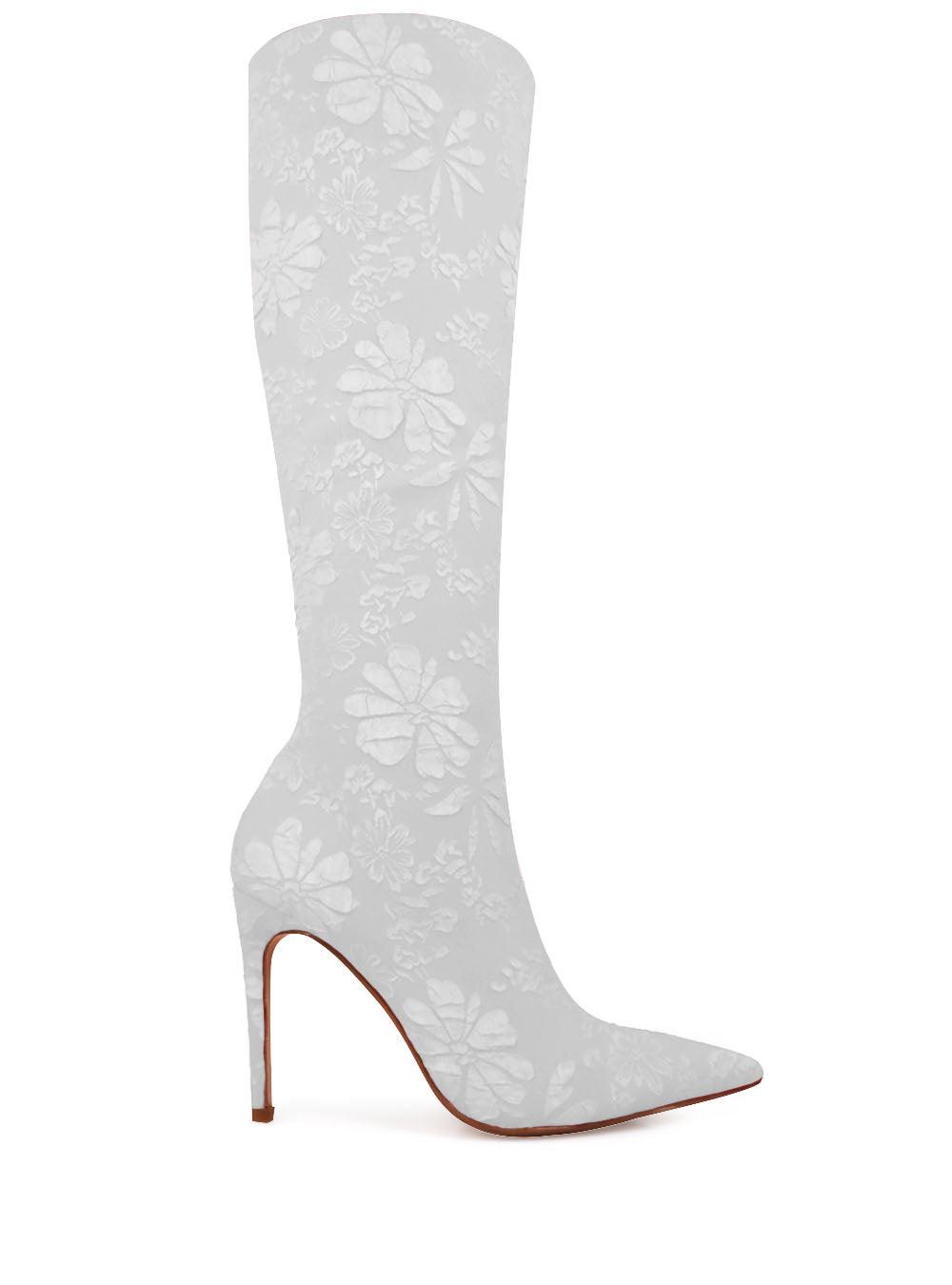 White self printed women boots with stilleto heel-side view