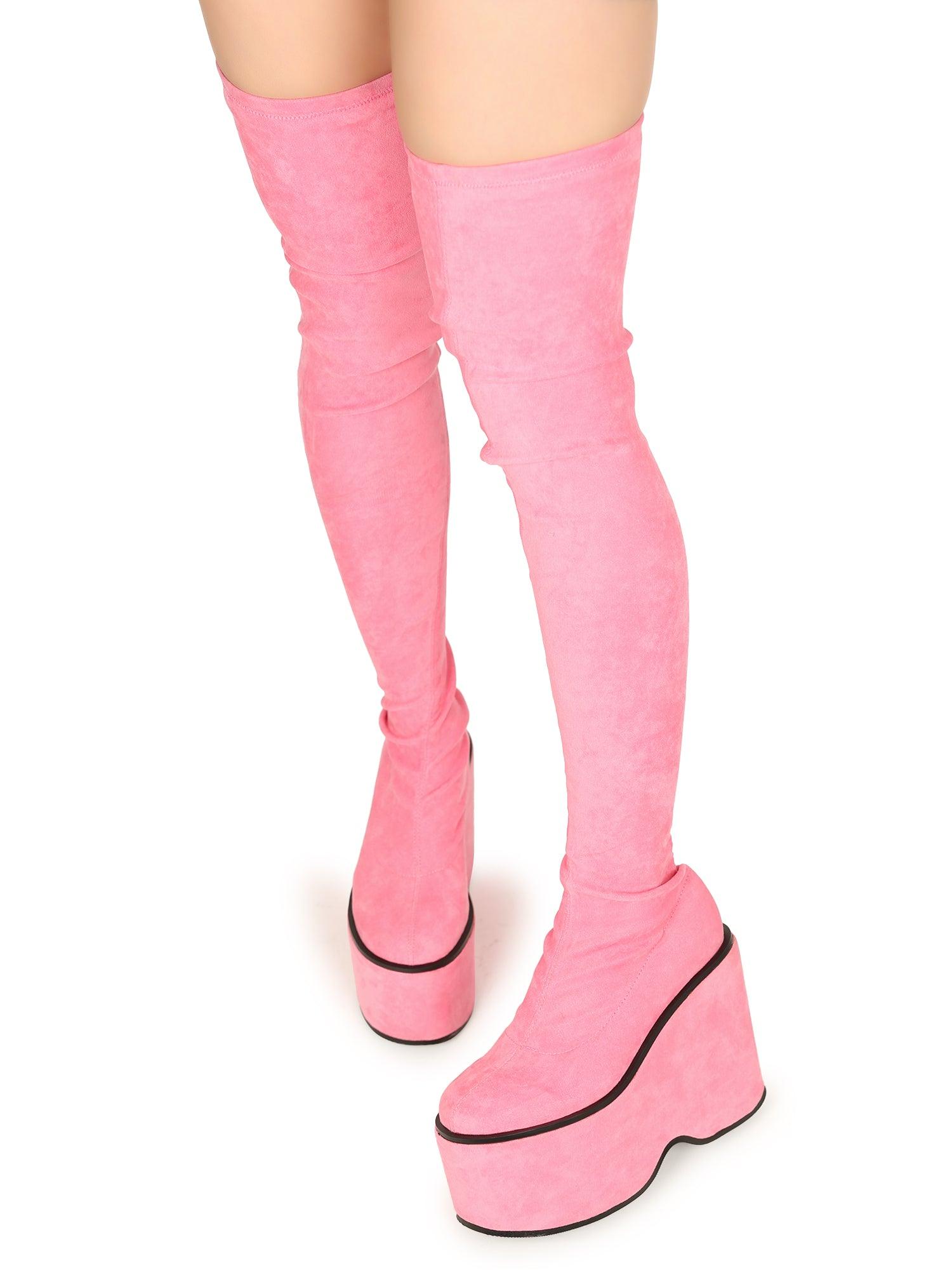 Pink women long boots with platform