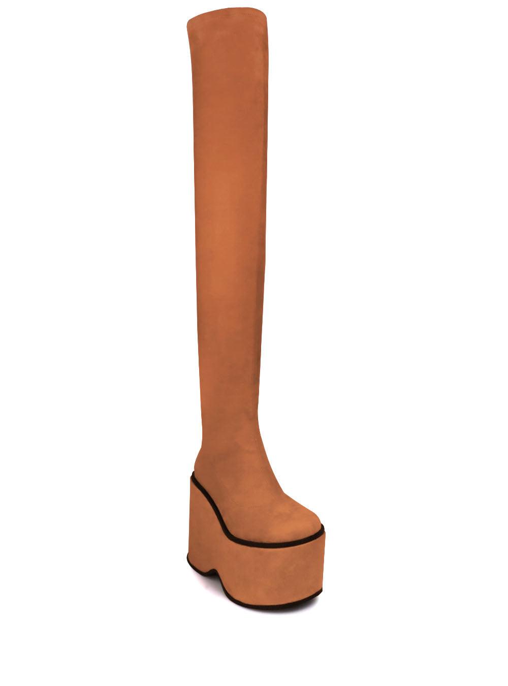 Tan women long boots with platform-corner view