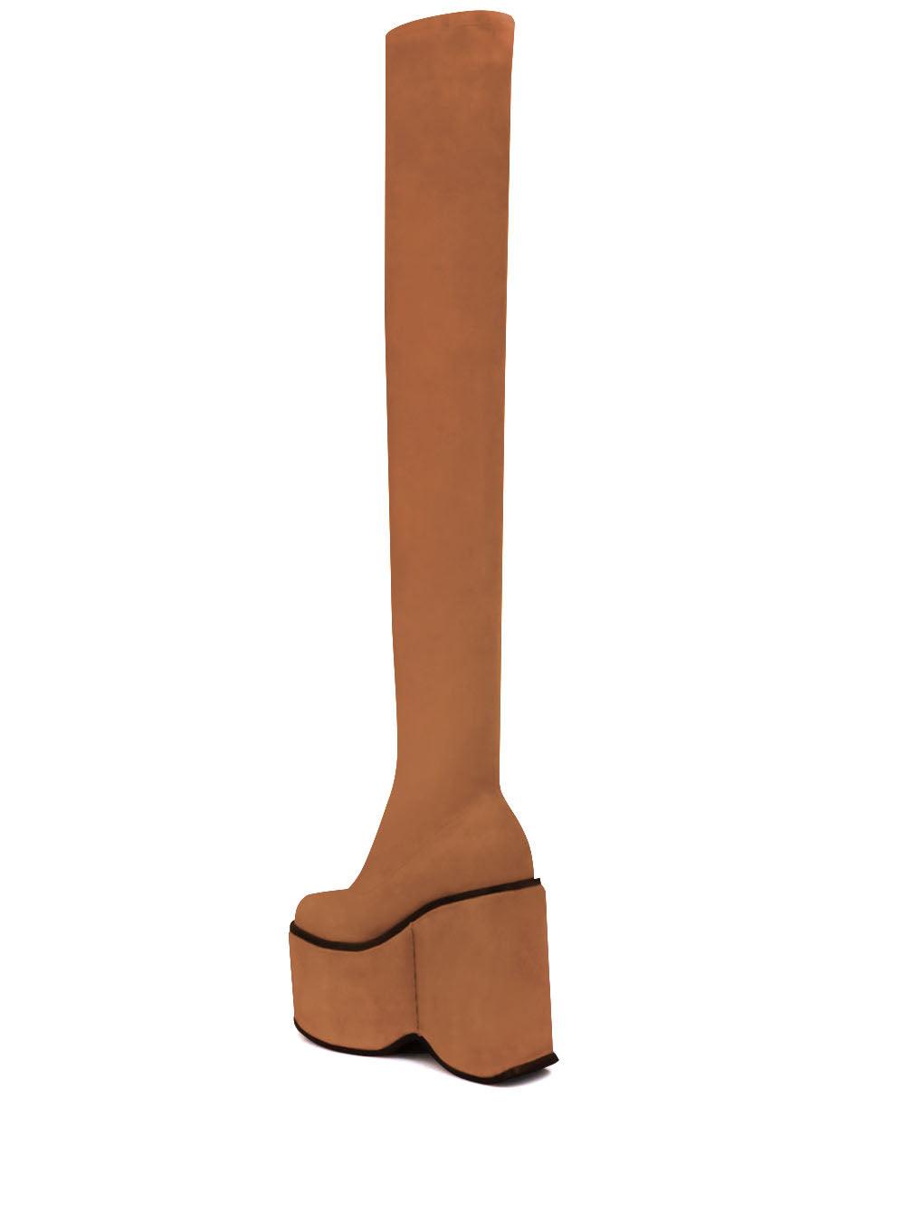 Tan women long boots with platform-posterior view