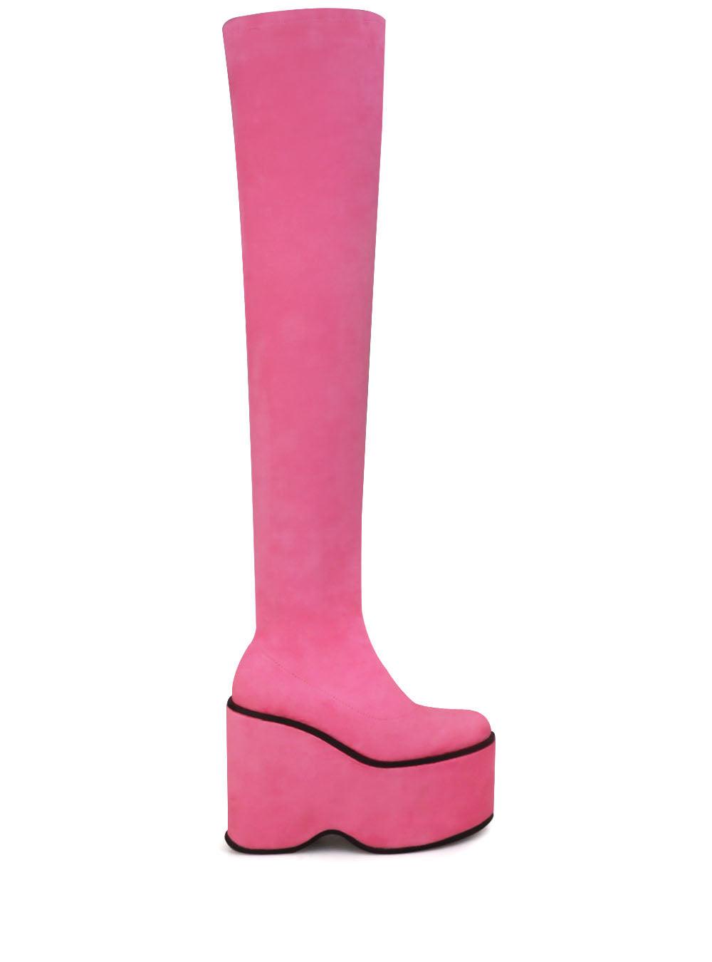 Pink women long boots with platform-side view