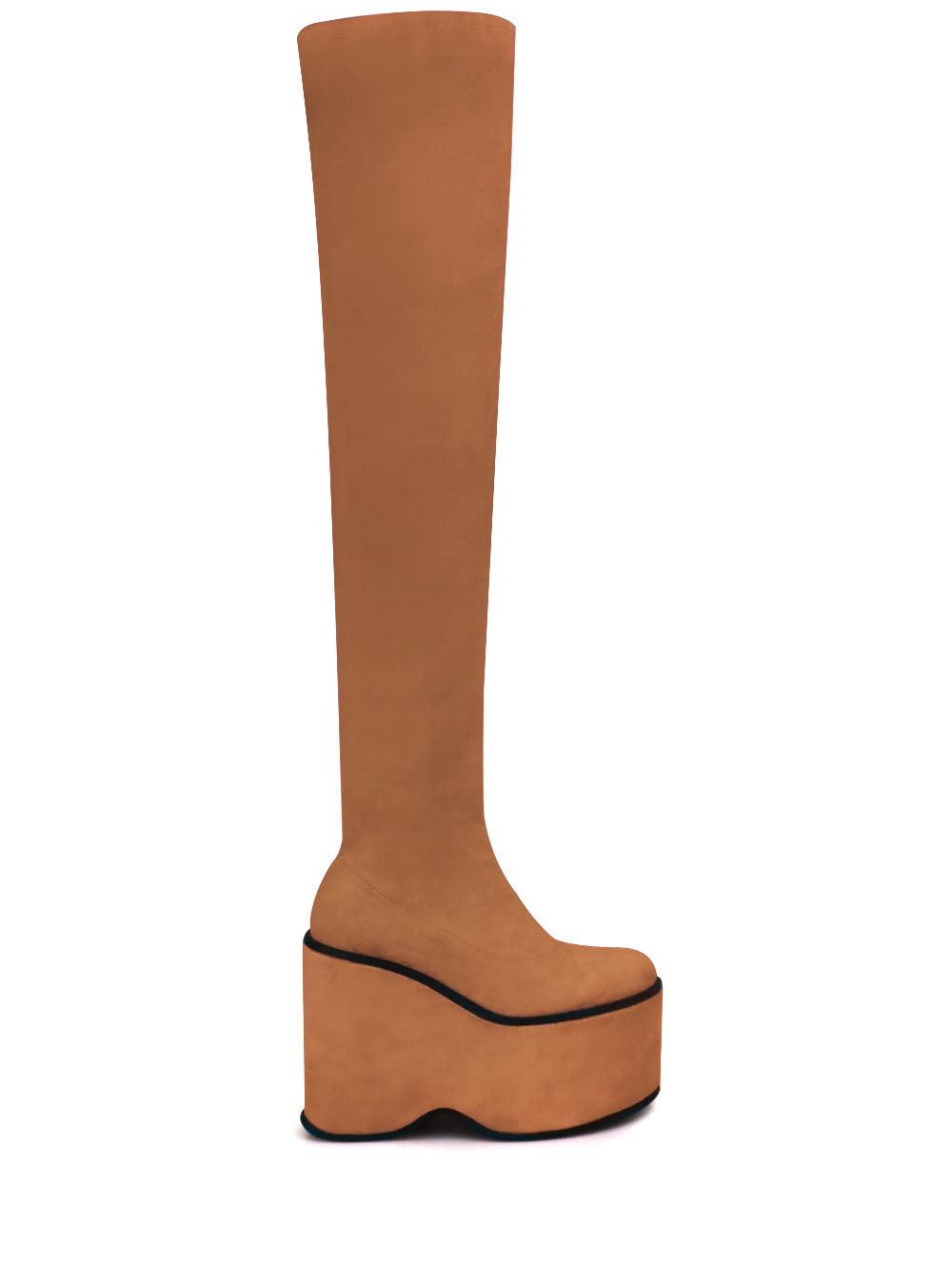 Tan women long boots with platform-side view