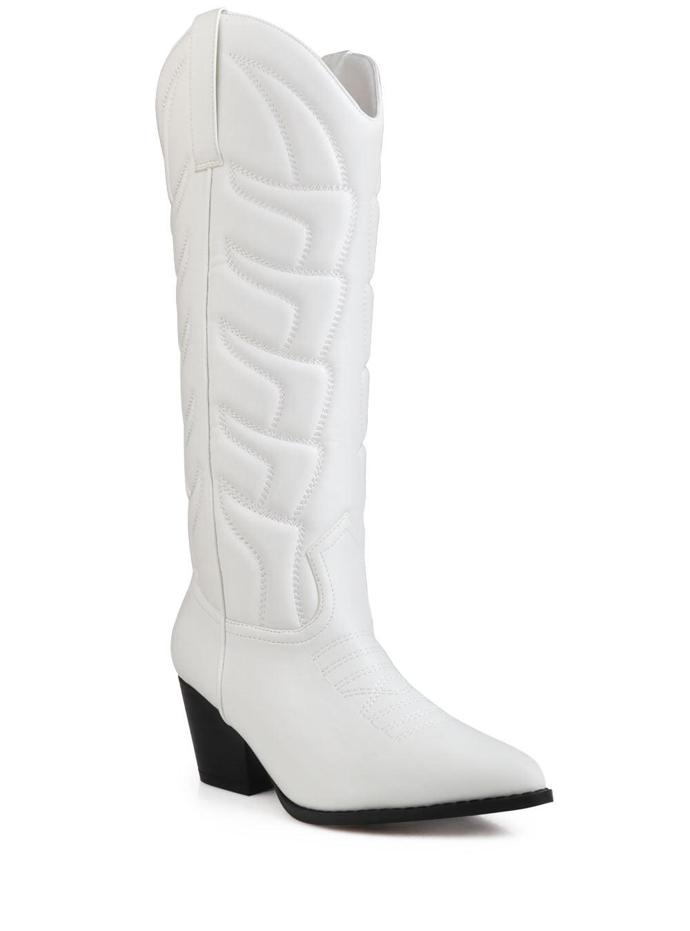 Cowboy style white women boots with black heel-side view