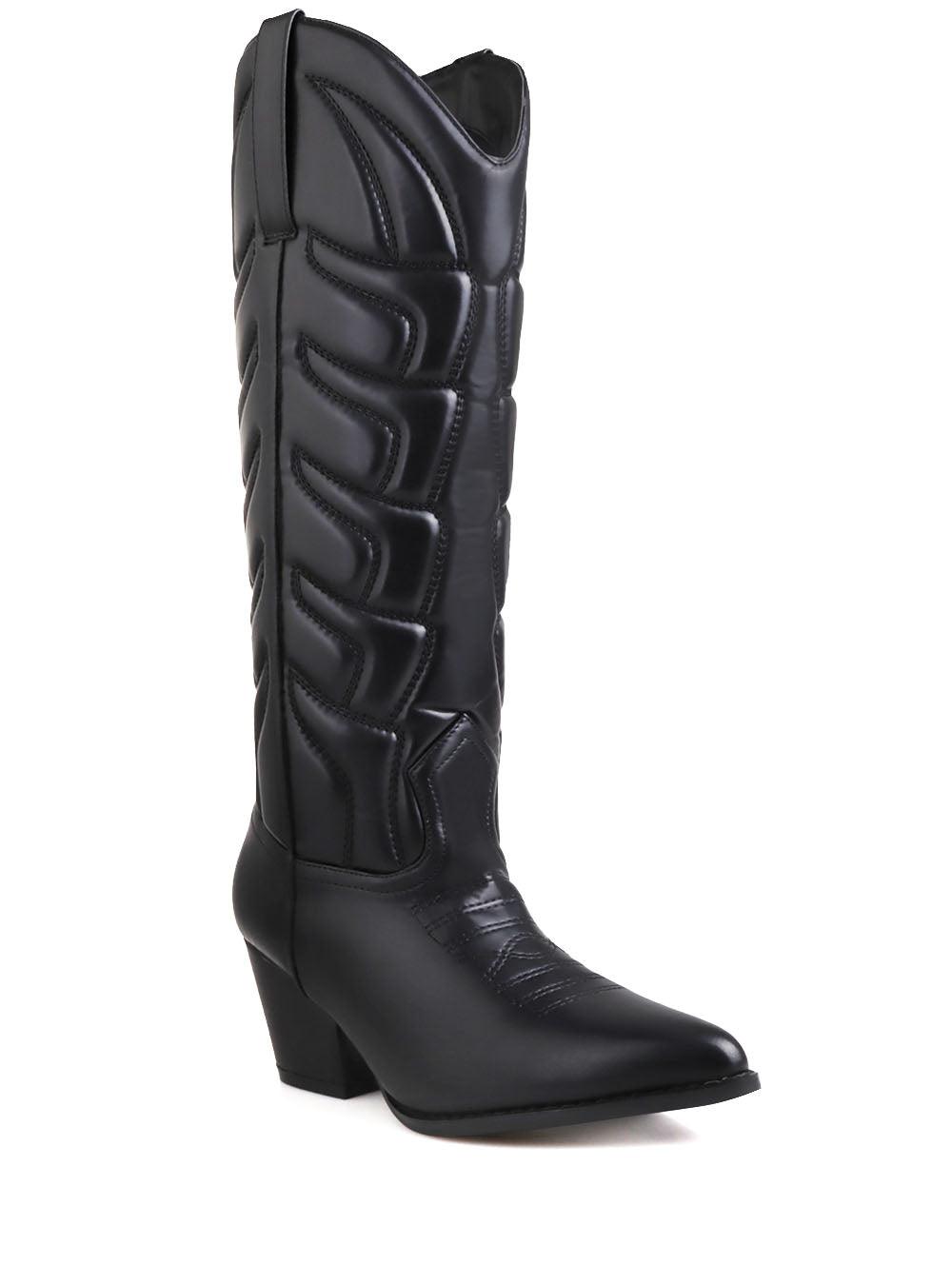 Cowboy style black women boots with black heel-corner view