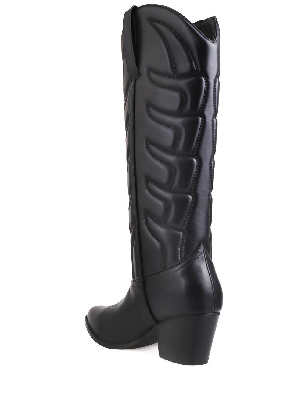 Cowboy style black women boots with black heel-posterior view