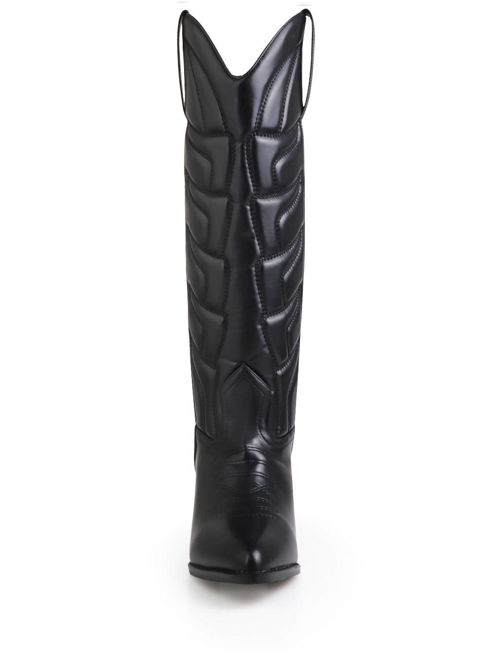 Cowboy style black women boots with black heel-front view